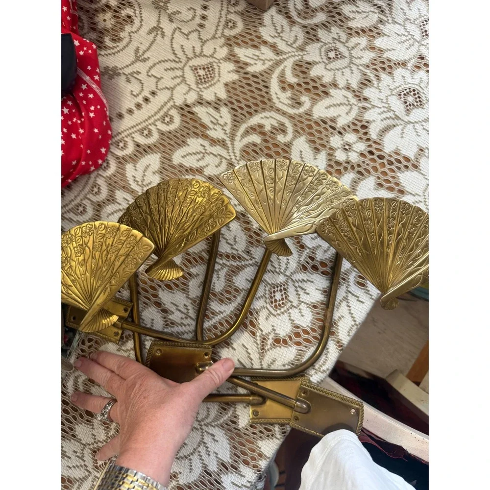 Vintage Brass Fan Wall Hooks Set of 4 Floral Chinoiserie curtain tie backs
